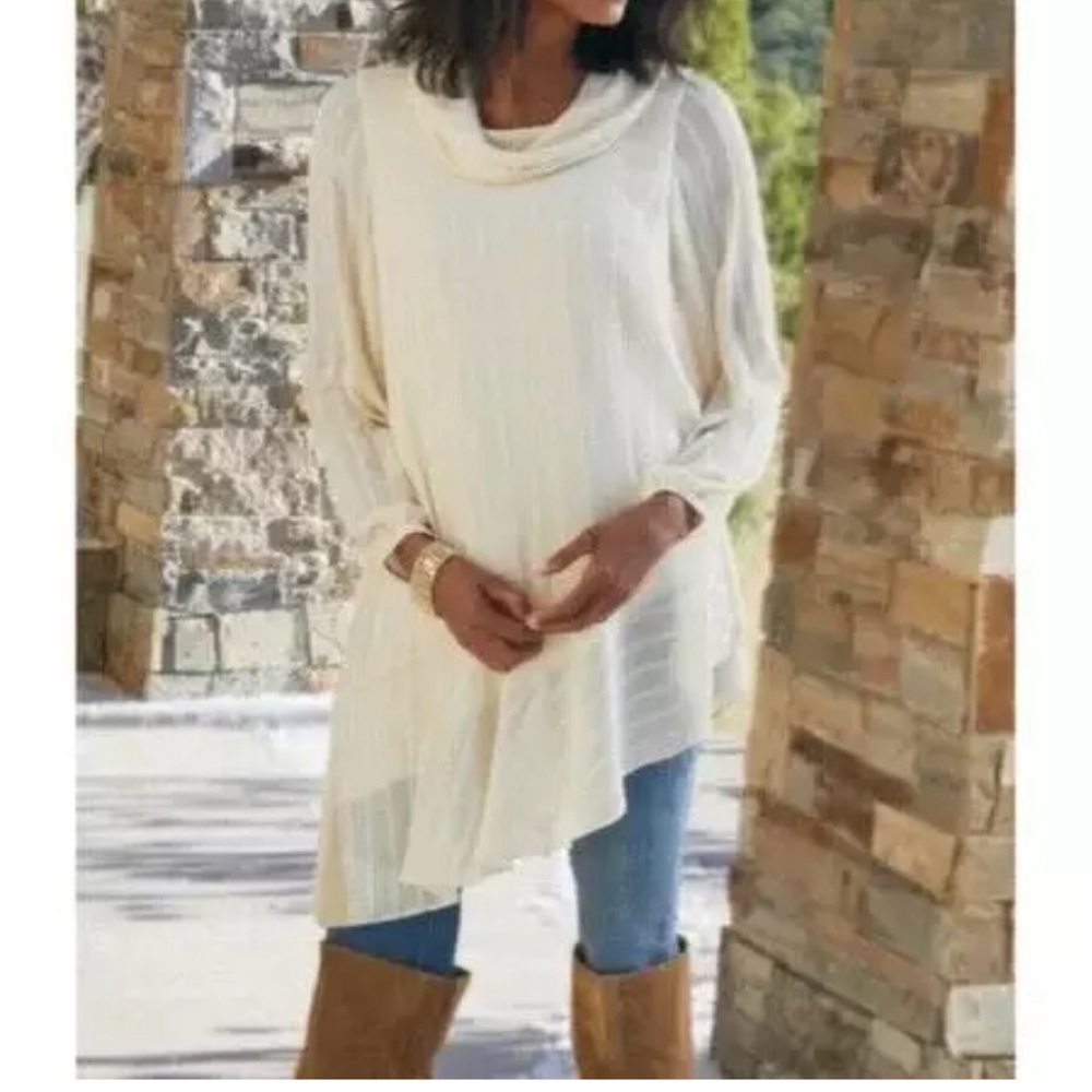 Soft‎ Surroundings Cream Cowl Neck Asymmetrical Hem Long Sleeve Tunic Top Size L